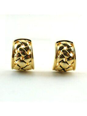 Vintage Gold Tone Black Enamel Woven Half Hoop Clip-On Earrings